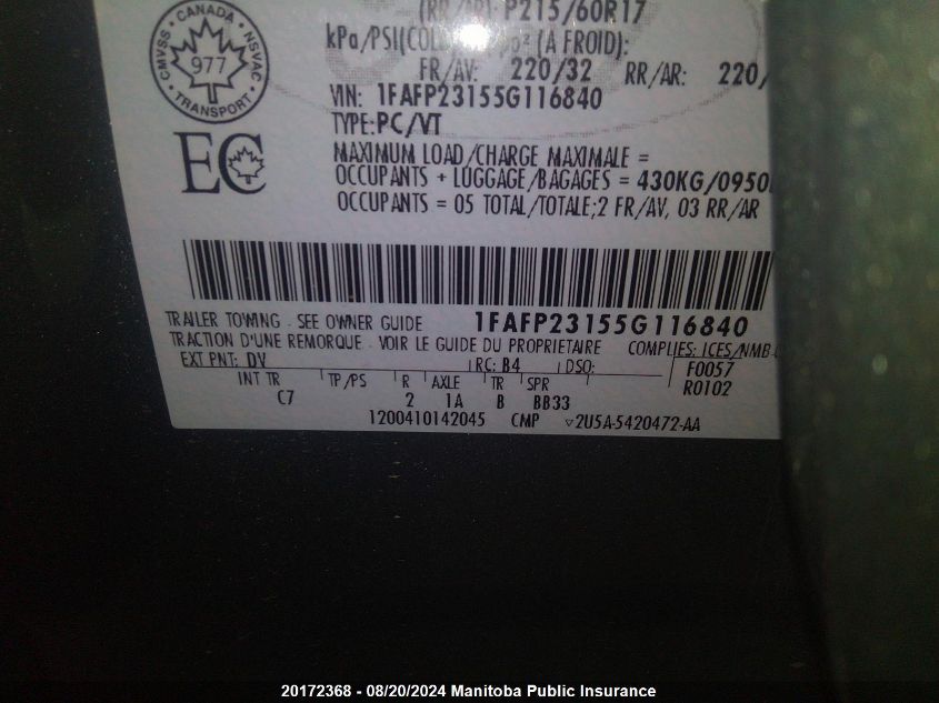 2005 Ford Five Hundred Se VIN: 1FAFP23155G116840 Lot: 20172368