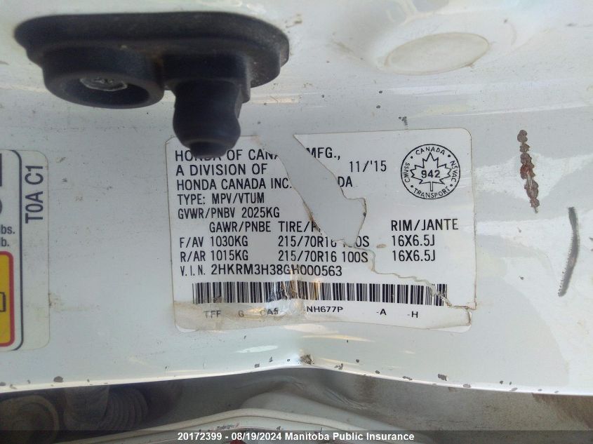 2016 Honda Cr-V Lx VIN: 2HKRM3H38GH000563 Lot: 20172399