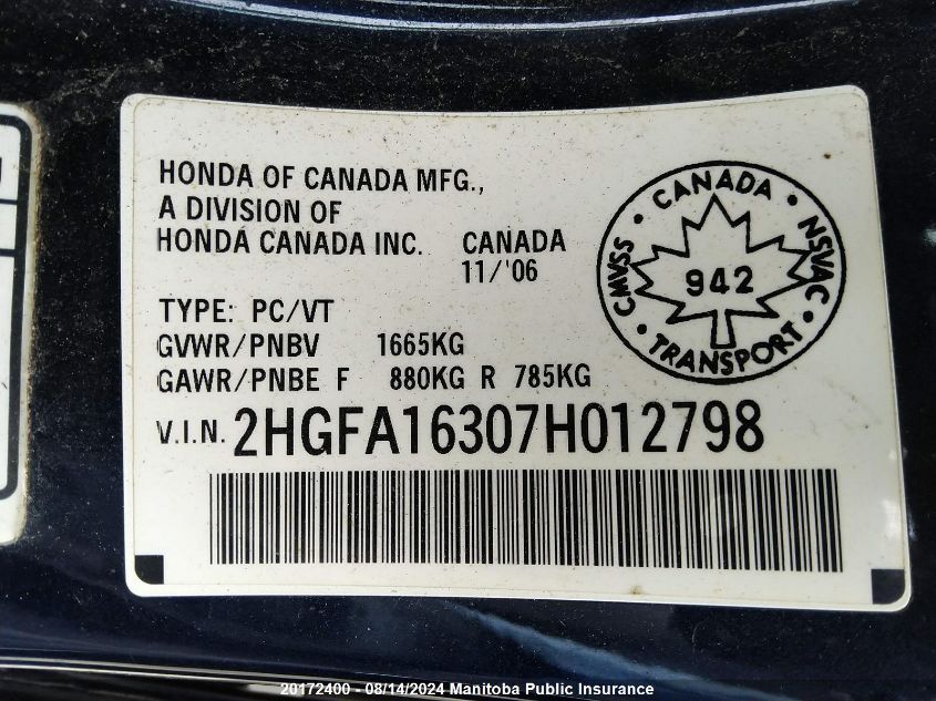 2007 Honda Civic Dx-G VIN: 2HGFA16307H012798 Lot: 20172400