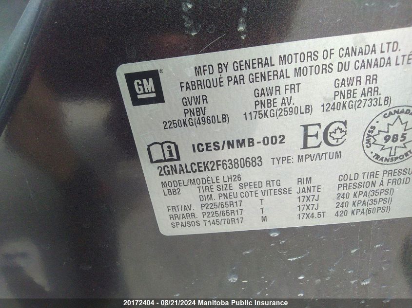 2015 Chevrolet Equinox Lt VIN: 2GNALCEK2F6380683 Lot: 20172404