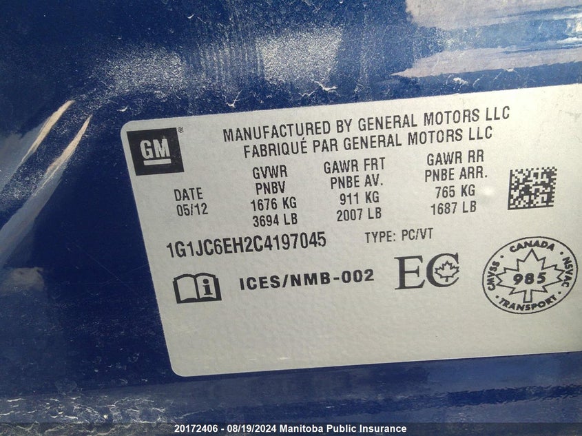 2012 Chevrolet Sonic Lt VIN: 1G1JC6EH2C4197045 Lot: 20172406