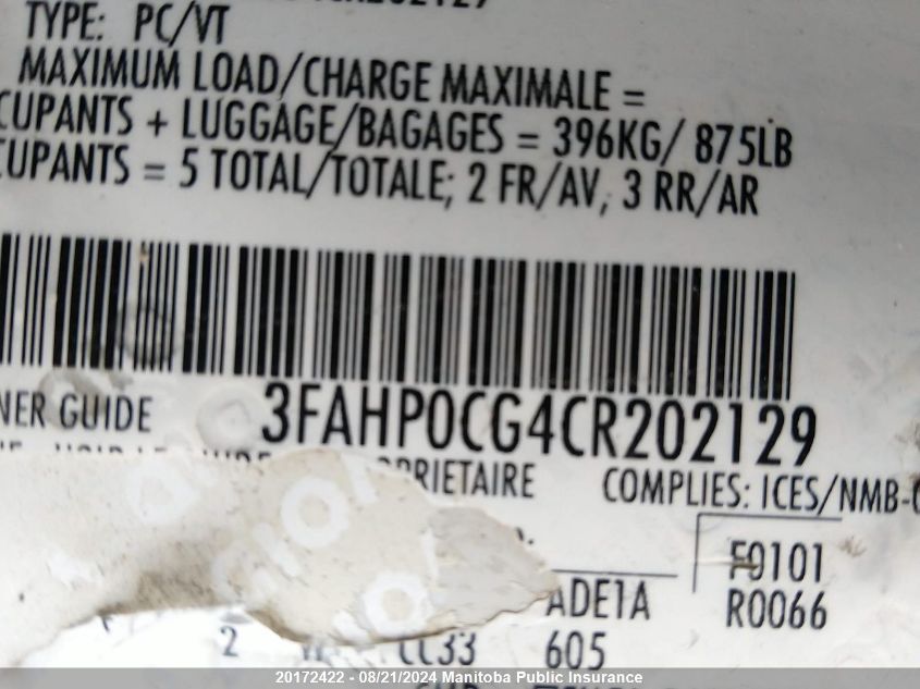 2012 Ford Fusion Sel V6 VIN: 3FAHP0CG4CR202129 Lot: 20172422