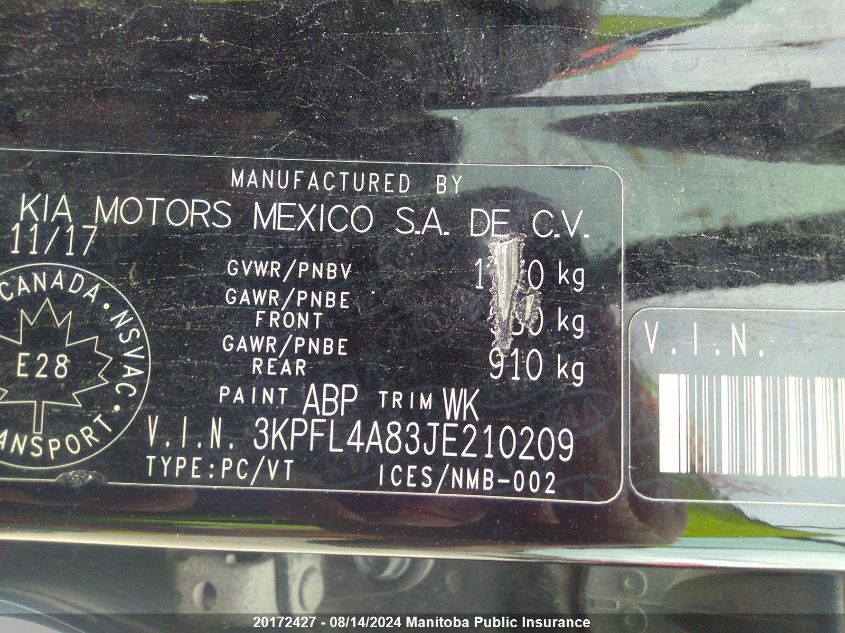 2018 Kia Forte Ex+ VIN: 3KPFL4A83JE210209 Lot: 20172427