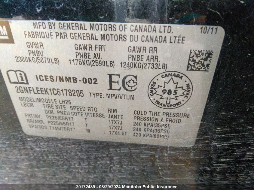 2012 Chevrolet Equinox Lt VIN: 2GNFLEEK1C6178205 Lot: 20172439