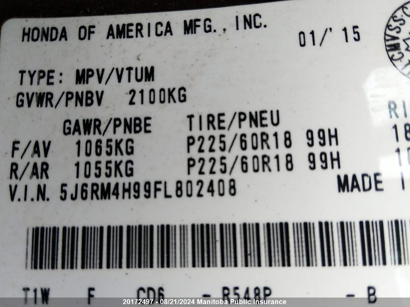 2015 Honda Cr-V Ex VIN: 5J6RM4H99FL802408 Lot: 20172497