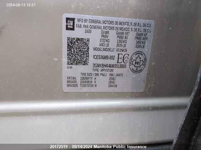 2021 Chevrolet Blazer VIN: 3GNKBHR46MS518885 Lot: 20172519