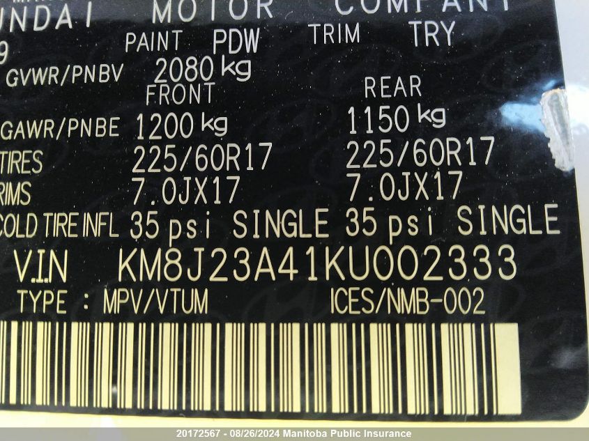 2019 Hyundai Tucson Essential VIN: KM8J23A41KU002333 Lot: 20172567