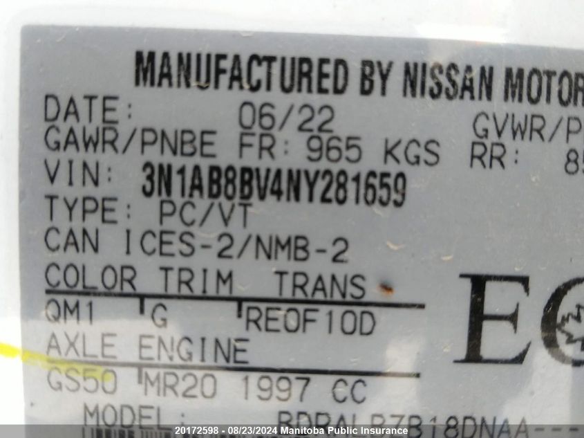 2022 Nissan Sentra 2.0 S VIN: 3N1AB8BV4NY281659 Lot: 20172598