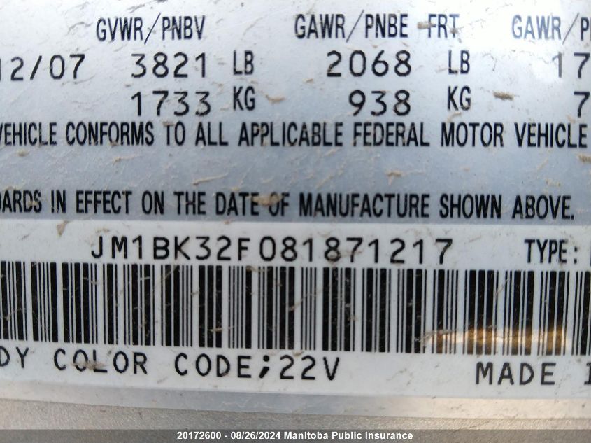 2008 Mazda Mazda3 Gs VIN: JM1BK32F081871217 Lot: 20172600
