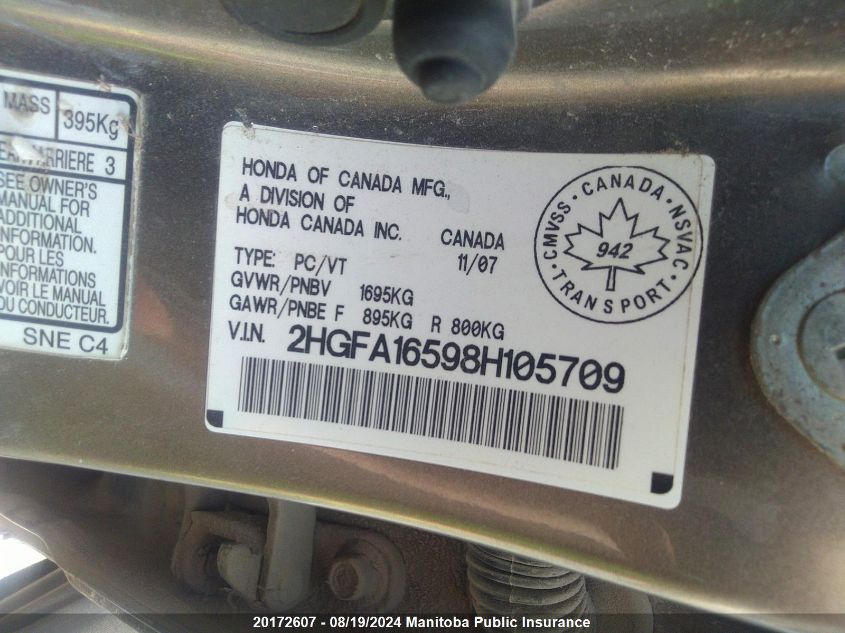 2008 Honda Civic Lx VIN: 2HGFA16598H105709 Lot: 20172607