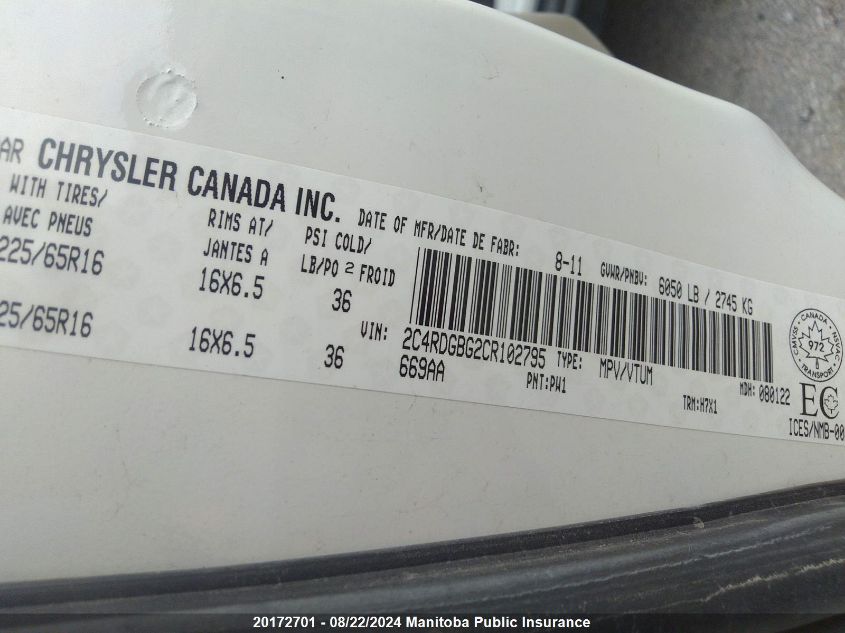 2012 Dodge Grand Caravan Se VIN: 2C4RDGBG2CR102795 Lot: 20172701