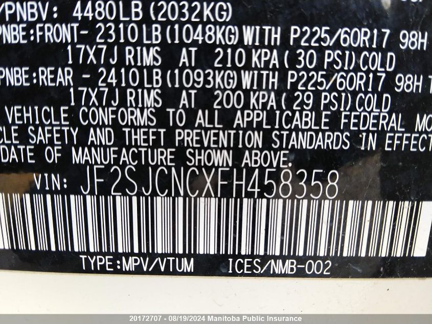 2015 Subaru Forester 2.5I VIN: JF2SJCNCXFH458358 Lot: 20172707