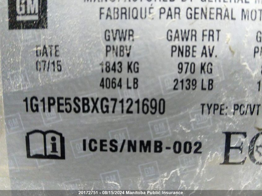 2016 Chevrolet Cruze Lt Turbo VIN: 1G1PE5SBXG7121690 Lot: 20172751