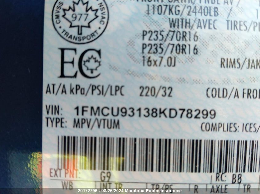 2008 Ford Escape Xlt V6 VIN: 1FMCU93138KD78299 Lot: 20172796