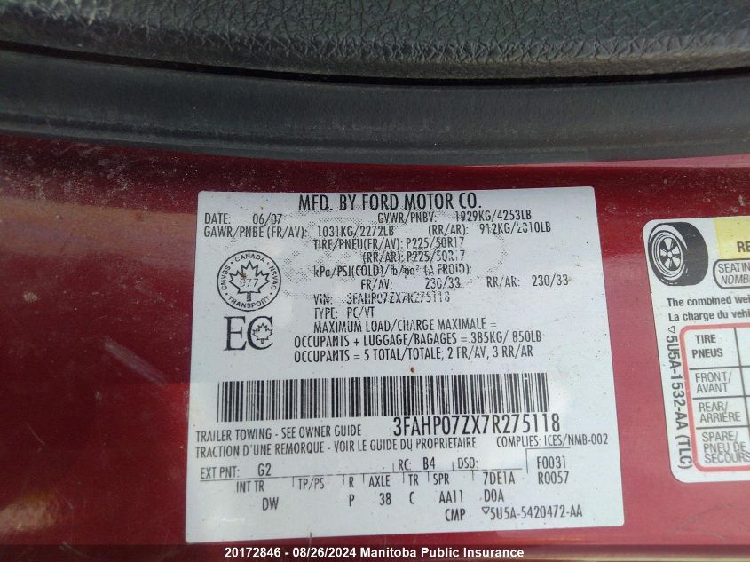 2007 Ford Fusion Se VIN: 3FAHP07ZX7R275118 Lot: 20172846