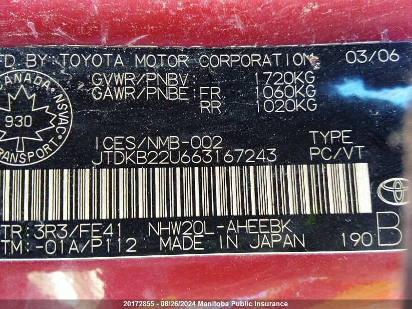 2006 Toyota Prius VIN: JTDKB22U663167243 Lot: 20172855