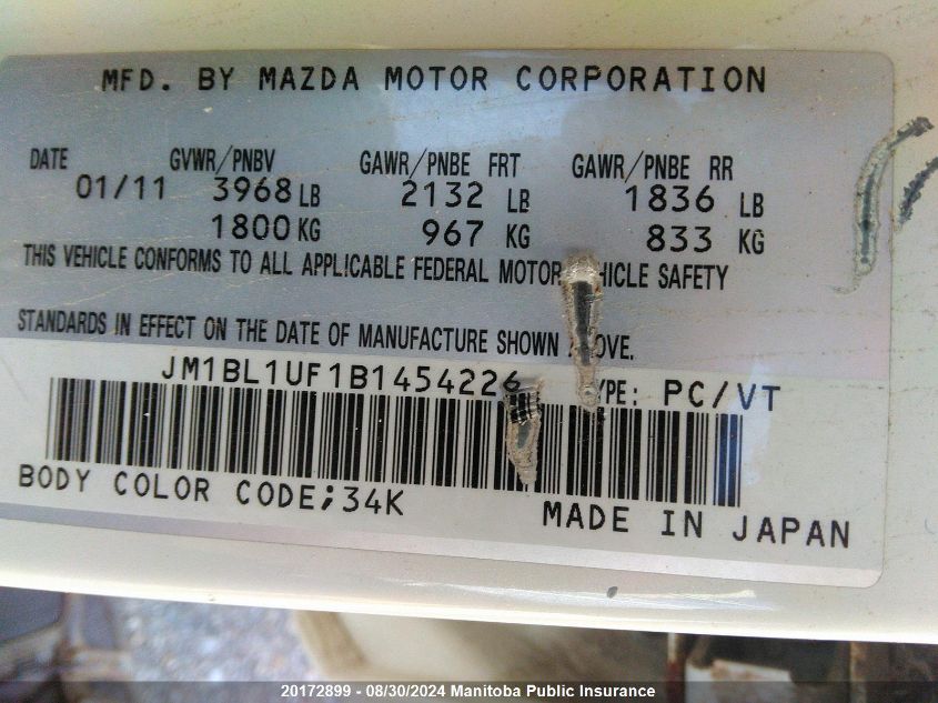 2011 Mazda Mazda3 Gs VIN: JM1BL1UF1B1454226 Lot: 20172899