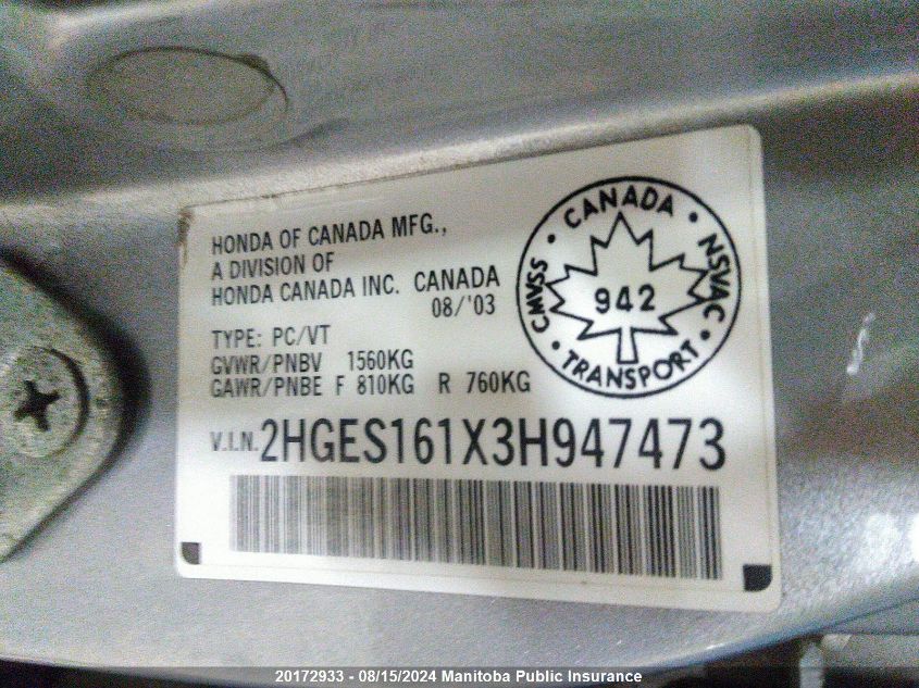 2003 Honda Civic Dx VIN: 2HGES161X3H947473 Lot: 20172933