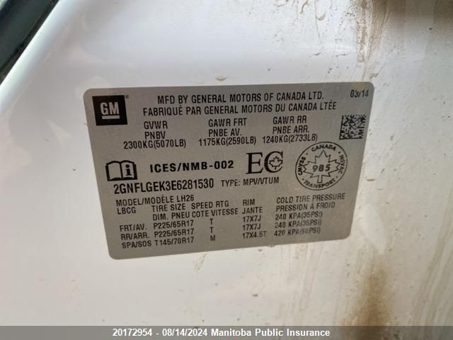 2014 Chevrolet Equinox Lt VIN: 2GNFLGEK3E6281530 Lot: 20172954