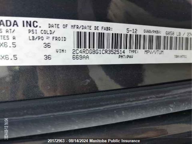 2012 Dodge Grand Caravan Se VIN: 2C4RDGBG1CR352514 Lot: 20172963