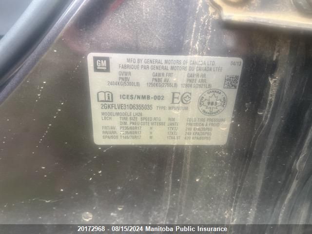 2013 GMC Terrain Slt V6 VIN: 2GKFLVE31D6355035 Lot: 20172968