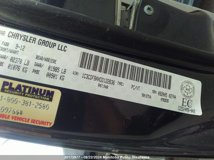 2013 Dodge Dart Sxt VIN: 1C3CDFBAXDD122636 Lot: 20172977