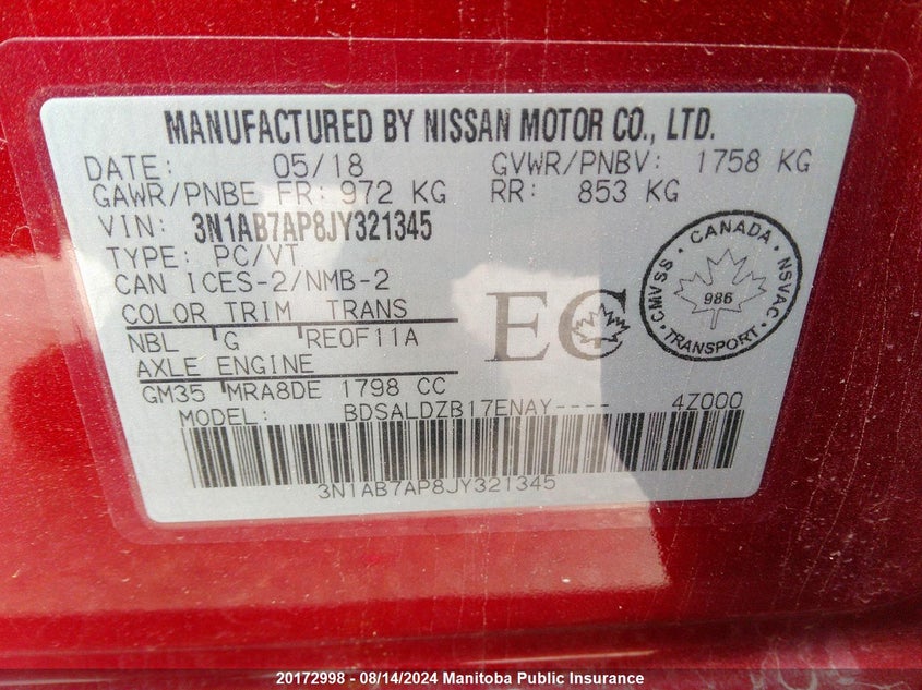 2018 Nissan Sentra 1.8 Sv VIN: 3N1AB7AP8JY321345 Lot: 20172998