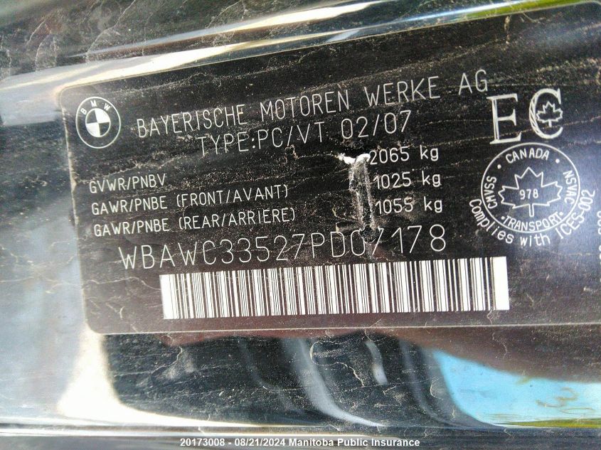 2007 BMW 328Xi VIN: WBAWC33527PD07178 Lot: 20173008