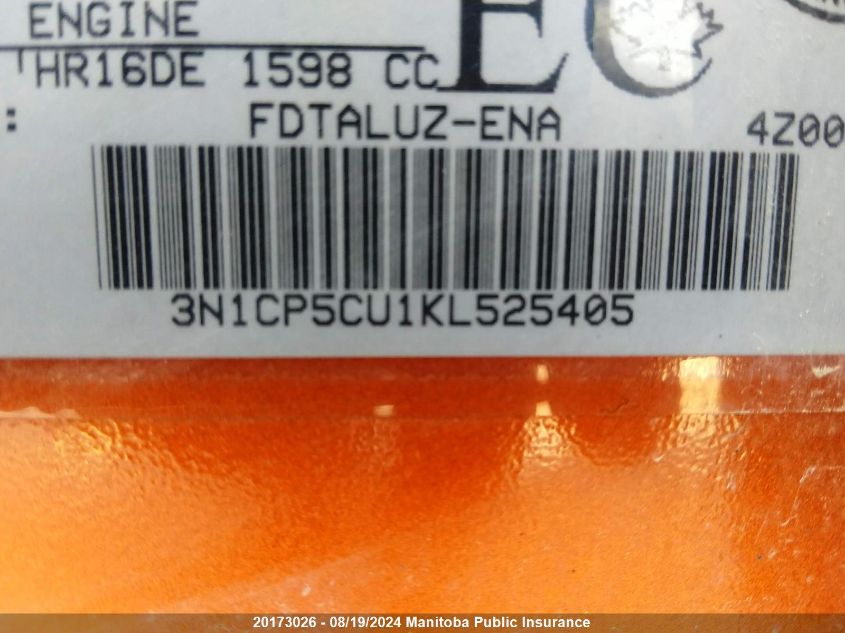 2019 Nissan Kicks Sr VIN: 3N1CP5CU1KL525405 Lot: 20173026