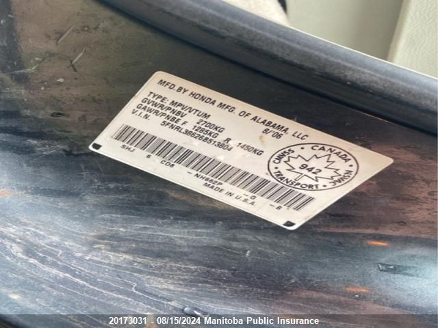 2006 Honda Odyssey Ex VIN: 5FNRL38626B513804 Lot: 20173031