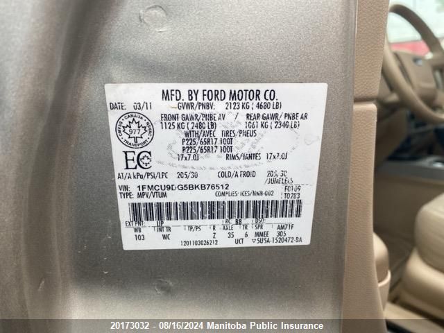 2011 Ford Escape Limited V6 VIN: 1FMCU9DG5BKB76512 Lot: 20173032