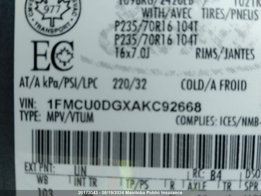 2010 Ford Escape Xlt V6 VIN: 1FMCU0DGXAKC92668 Lot: 20173043