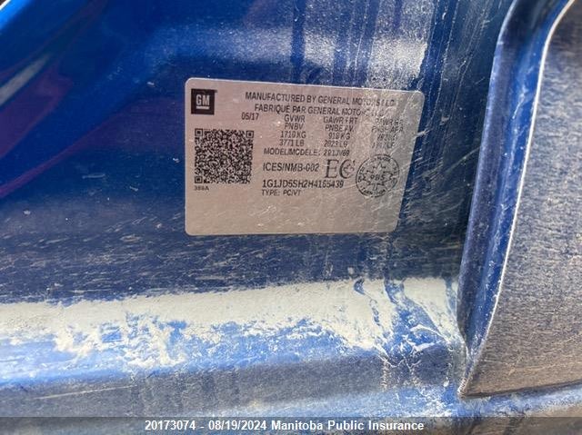 2017 Chevrolet Sonic Lt VIN: 1G1JD5SH2H4165439 Lot: 20173074