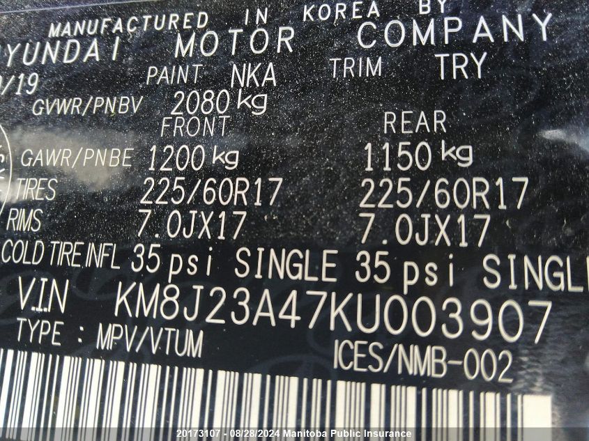 2019 Hyundai Tucson Essential VIN: KM8J23A47KU003907 Lot: 20173107