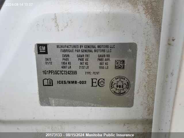 2012 Chevrolet Cruze Lt VIN: 1G1PF5SC7C7242399 Lot: 20173133