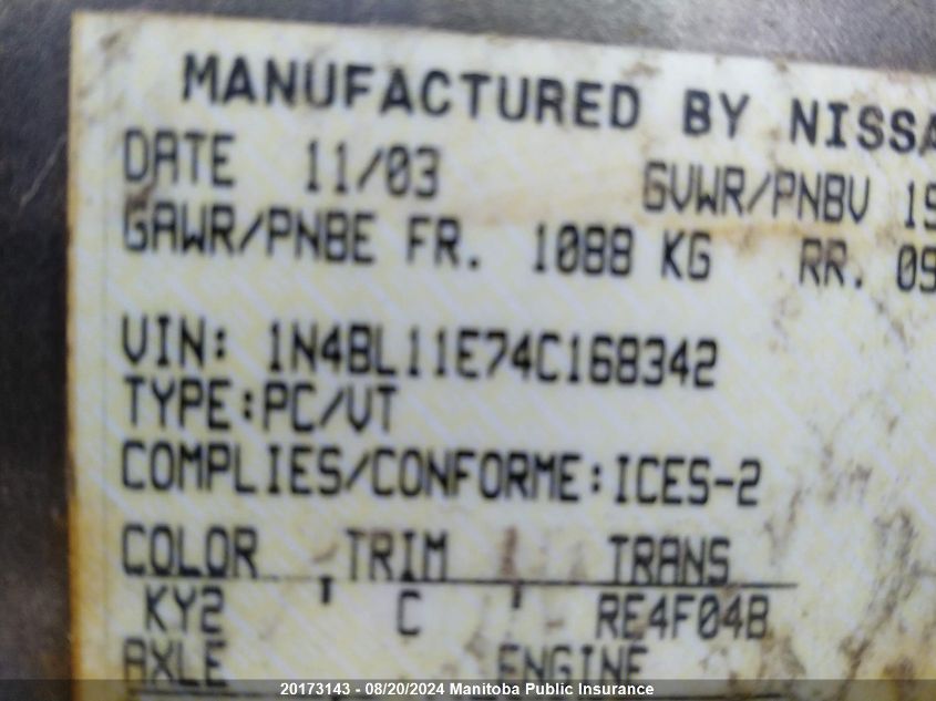2004 Nissan Altima 3.5 Se VIN: 1N4BL11E74C168342 Lot: 20173143