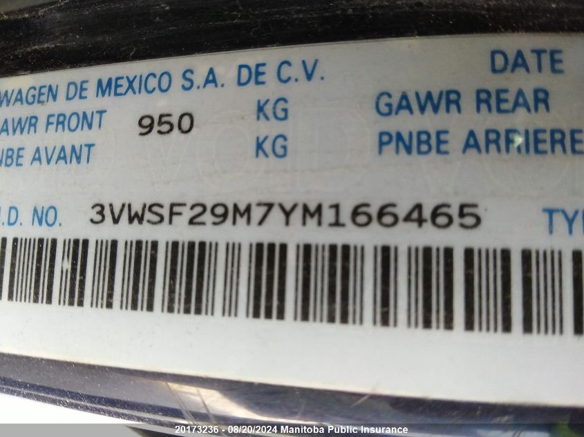 2000 Volkswagen Jetta Tdi VIN: 3VWSF29M7YM166465 Lot: 20173236