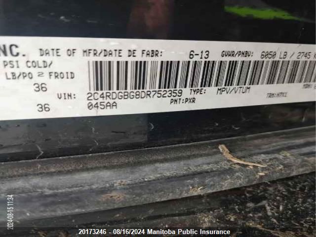 2013 Dodge Grand Caravan Se VIN: 2C4RDGBG8DR752359 Lot: 20173246