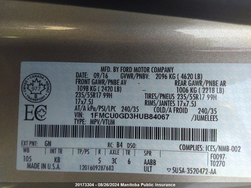2017 Ford Escape Se VIN: 1FMCU0GD3HUB84067 Lot: 20173304