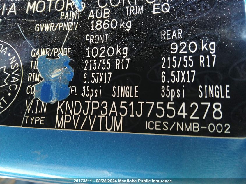 2018 Kia Soul Ex VIN: KNDJP3A51J7554278 Lot: 20173311