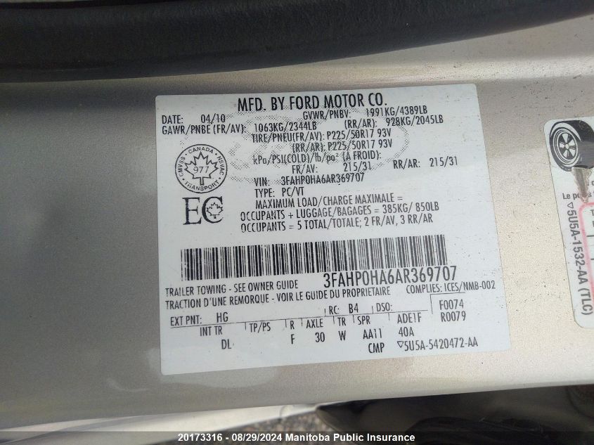 2010 Ford Fusion Se VIN: 3FAHP0HA6AR369707 Lot: 20173316