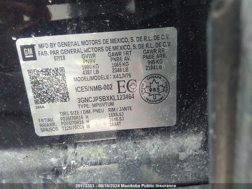 2019 Chevrolet Trax VIN: 3GNCJPSBXKL123464 Lot: 20173383