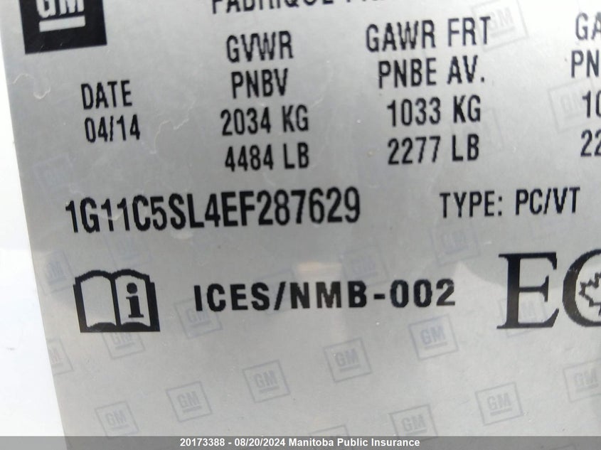 2014 Chevrolet Malibu Lt VIN: 1G11C5SL4EF287629 Lot: 20173388