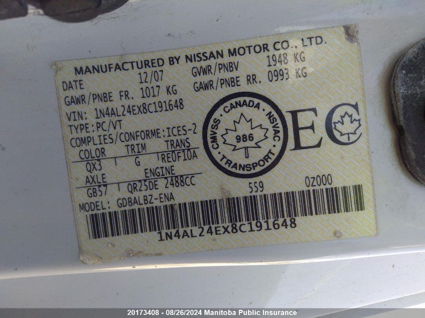 2008 Nissan Altima 2.5 S VIN: 1N4AL24EX8C191648 Lot: 20173408