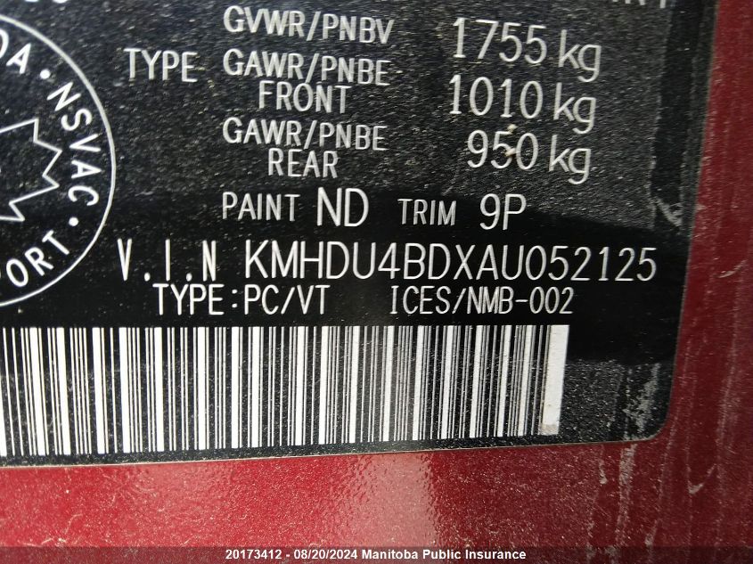 2010 Hyundai Elantra Gl VIN: KMHDU4BDXAU052125 Lot: 20173412