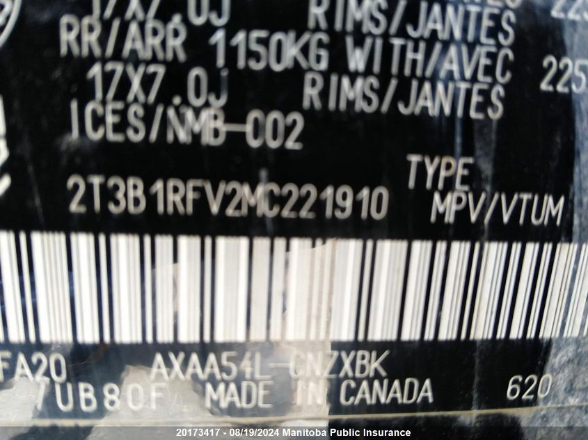 2021 Toyota Rav4 Le VIN: 2T3B1RFV2MC221910 Lot: 20173417