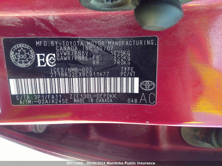 2008 Toyota Corolla Ce VIN: 2T1BR32EX8C911477 Lot: 20173468