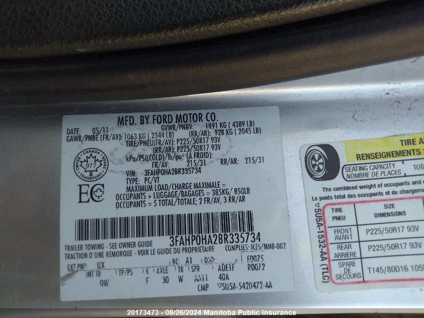 2011 Ford Fusion Se VIN: 3FAHP0HA2BR335734 Lot: 20173473