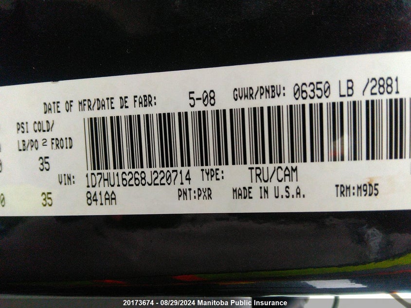 2008 Dodge Ram 1500 Slt VIN: 1D7HU16268J220714 Lot: 20173674