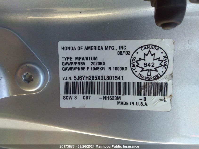2003 Honda Element Ex VIN: 5J6YH285X3L801541 Lot: 20173676